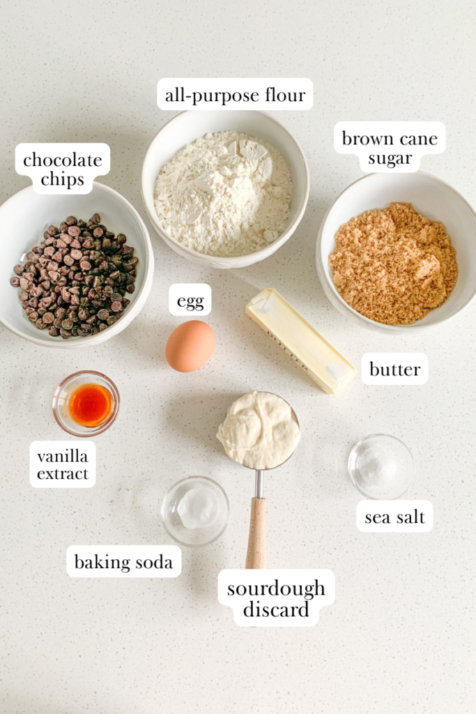 brown butter sourdough chocolate chip cookies labeled ingredients