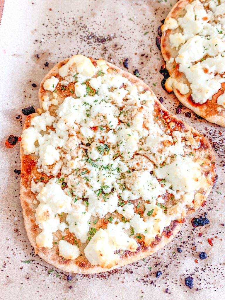 freshly baked feta naan pizza