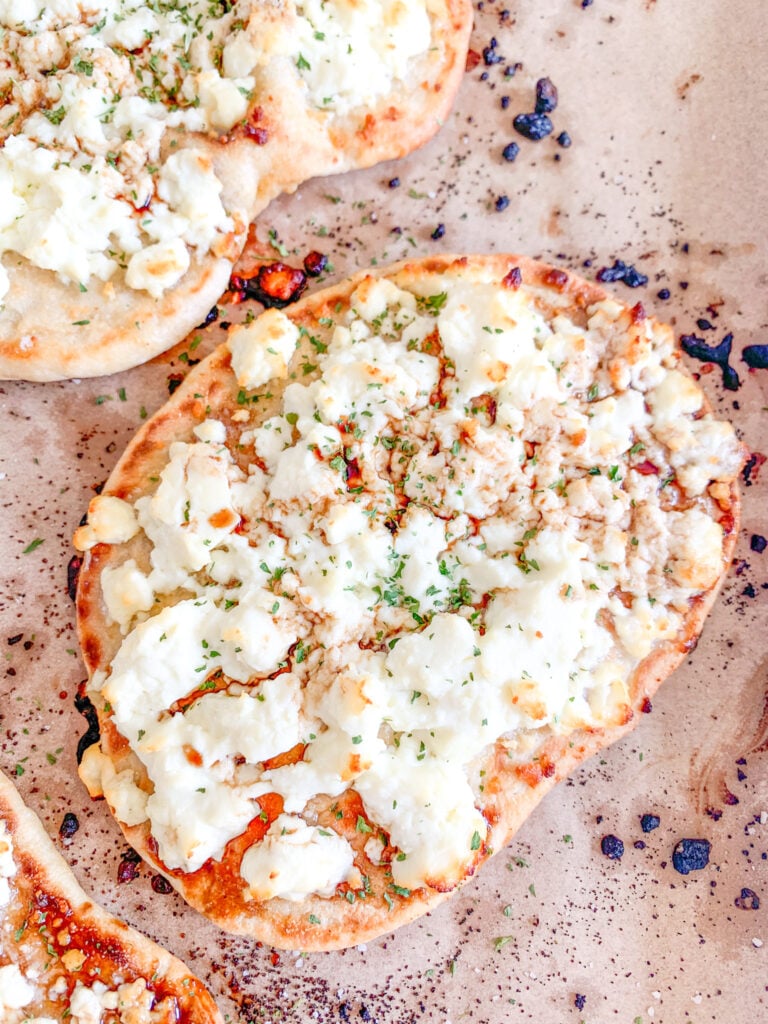 freshly baked feta naan pizza