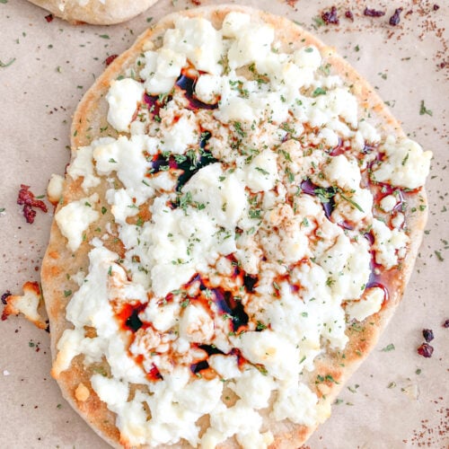 freshly baked feta naan pizza