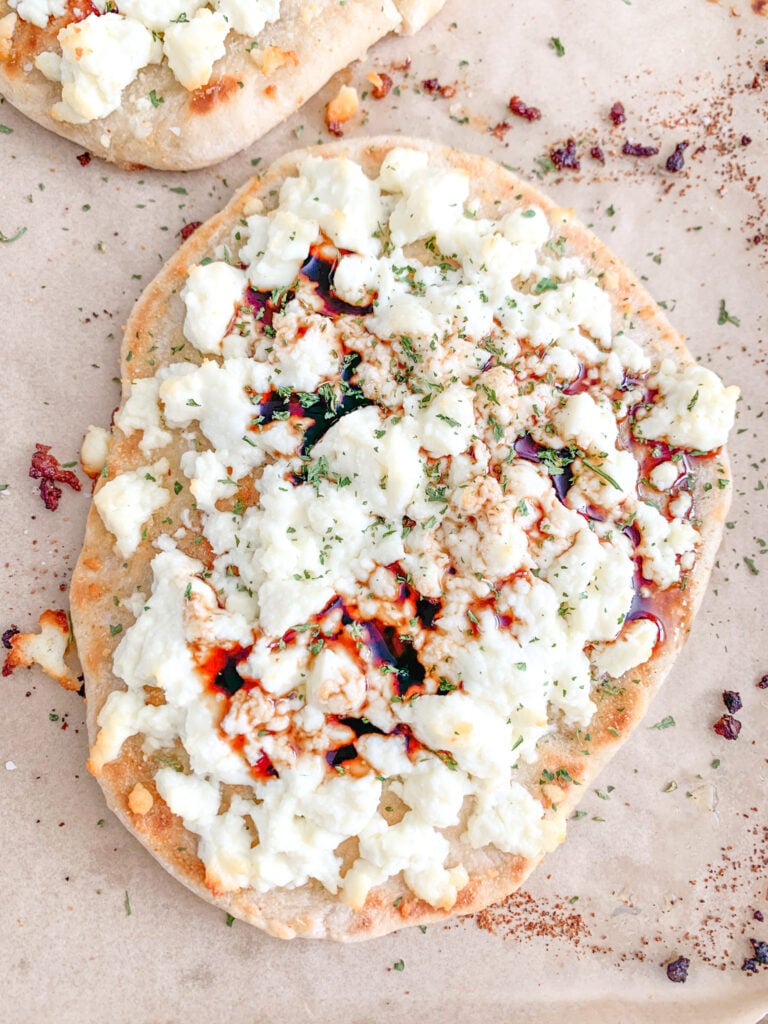 freshly baked feta naan pizza