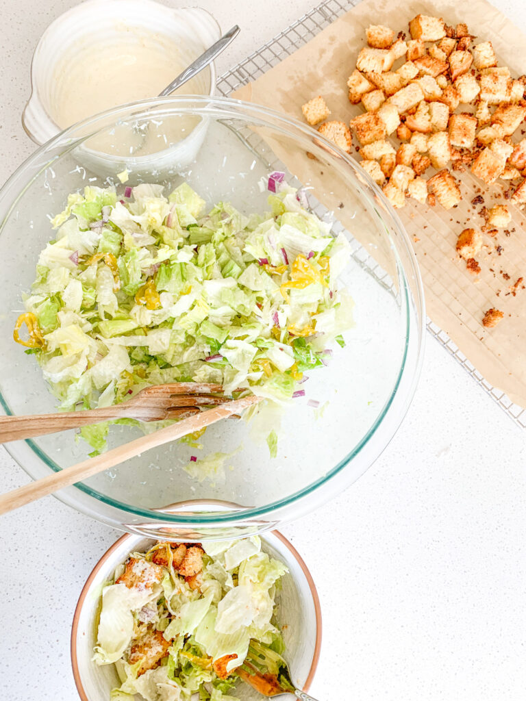 freshly made Italian chopped salad ready for dressing and croutons