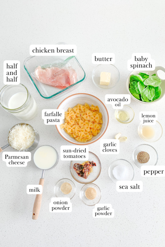 creamy tuscan chicken pasta labeled ingredients