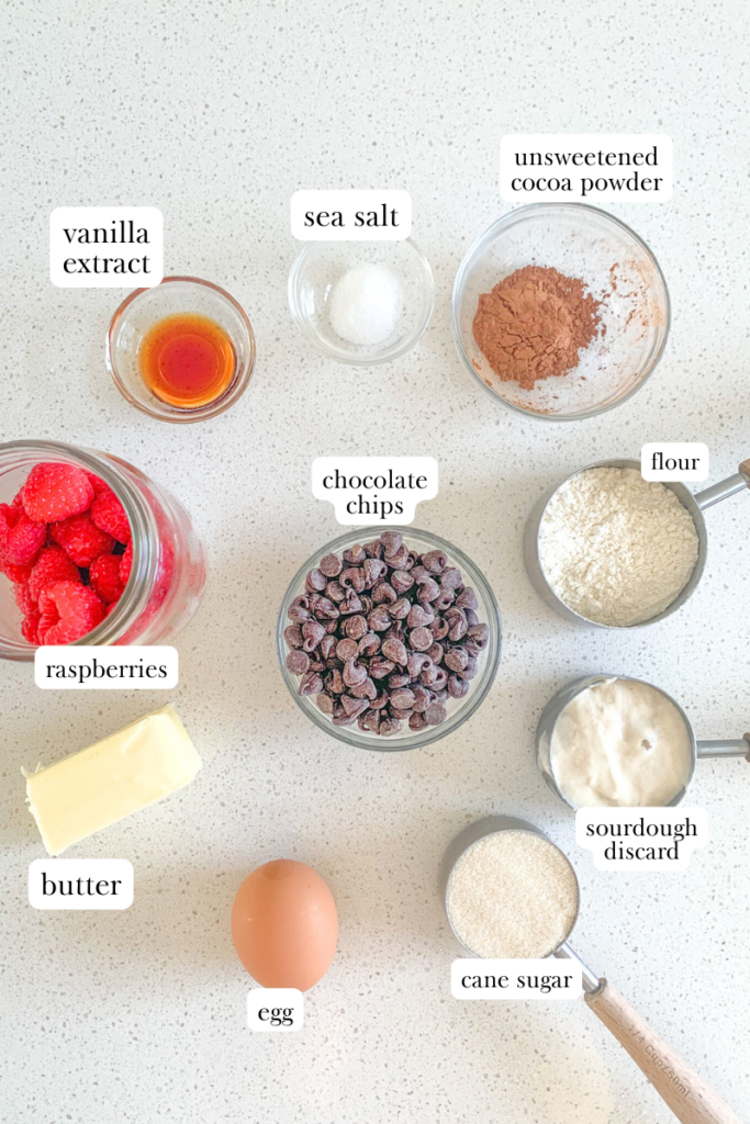 sourdough raspberry brownies labeled ingredients