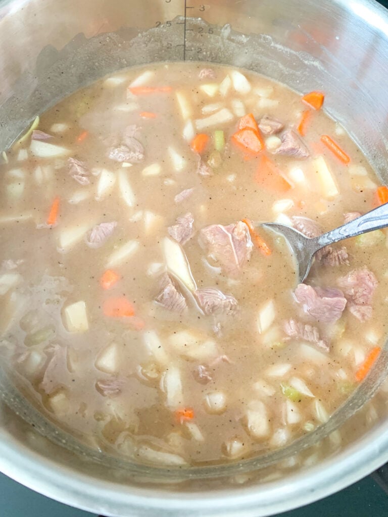stirring stew during cooking process
