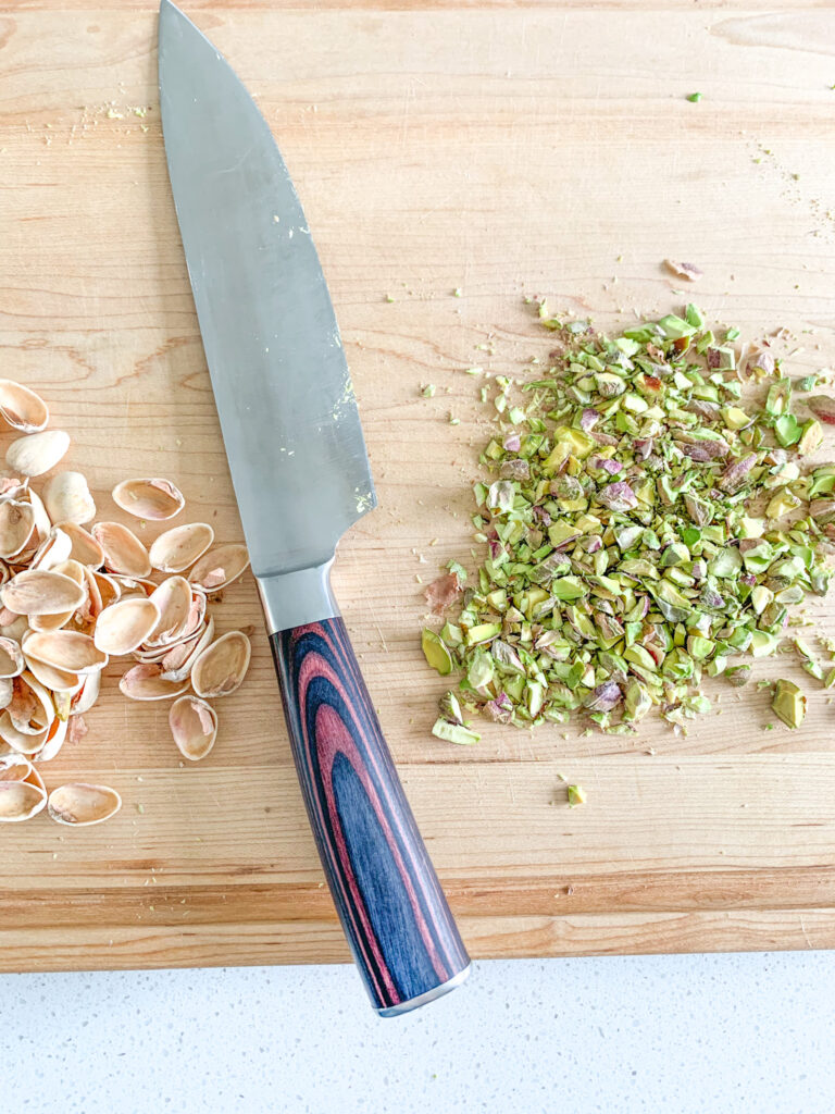 chopping pistachios for shamrock scones