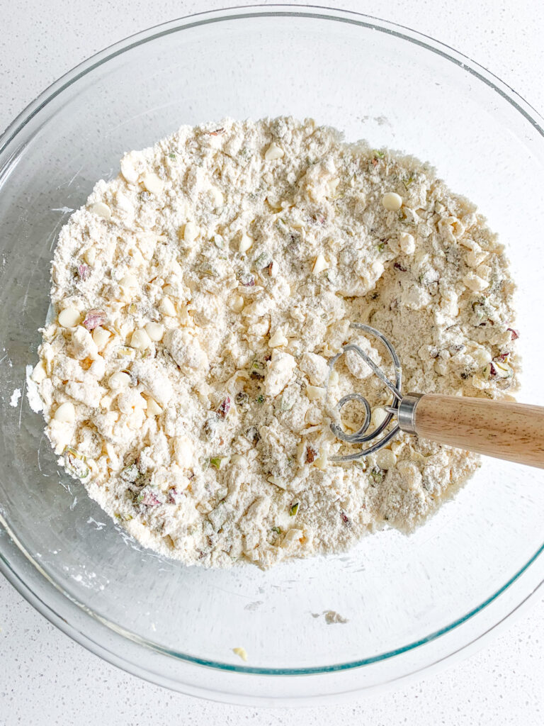 white chocolate and pistachios added into flour mixture