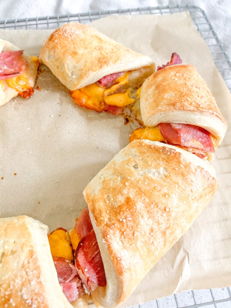 freshly baked sourdough ham and cheese crescent ring