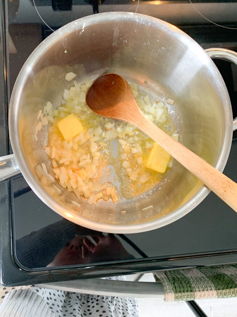 butter added to onions melting