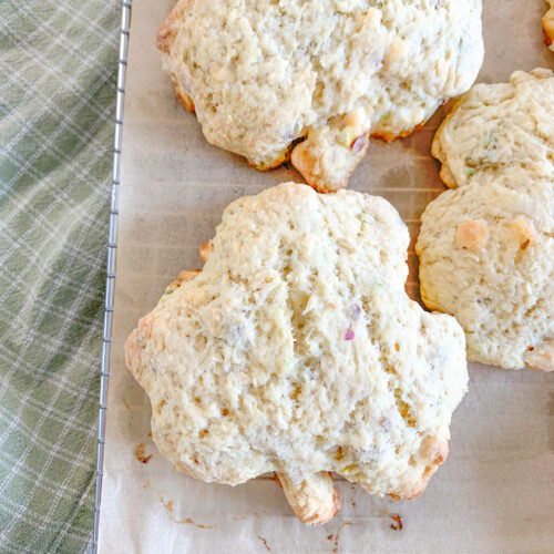 freshly baked white chocolate pistachio sourdough shamrock scones for Saint Patrick's Day