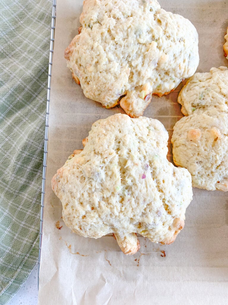 freshly baked white chocolate pistachio sourdough shamrock scones for Saint Patrick's Day
