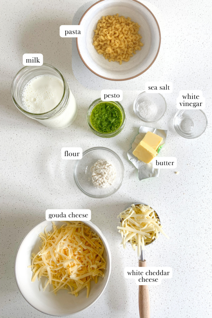 labeled ingredients for pesto mac and cheese