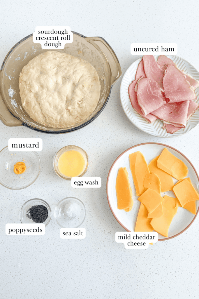 labeled ingredients for sourdough ham and cheese crescent ring