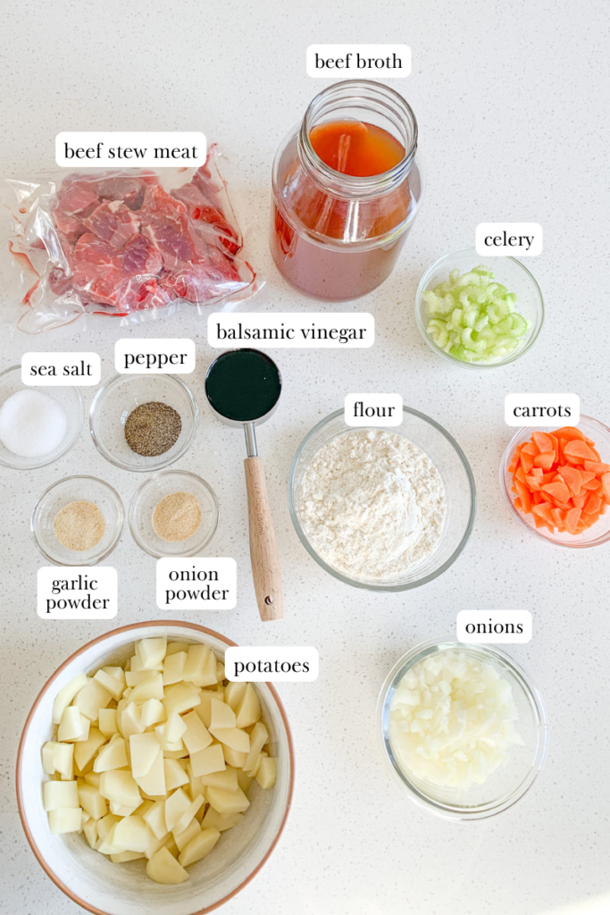 labeled ingredients for stovetop balsamic beef stew