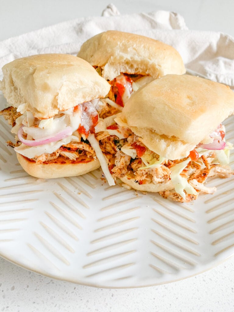 freshly made pulled chicken sliders with Nashville-style vinegar slaw