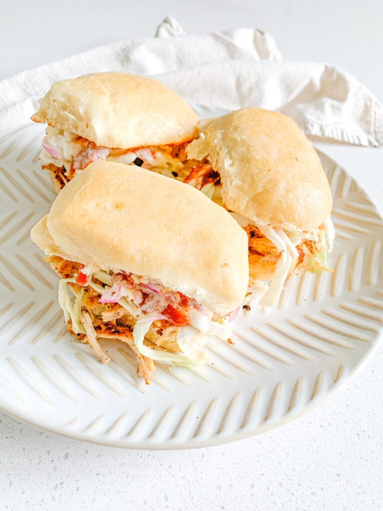 freshly made pulled chicken sliders with Nashville-style vinegar slaw