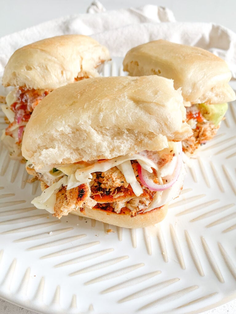 freshly made pulled chicken sliders with Nashville-style vinegar slaw