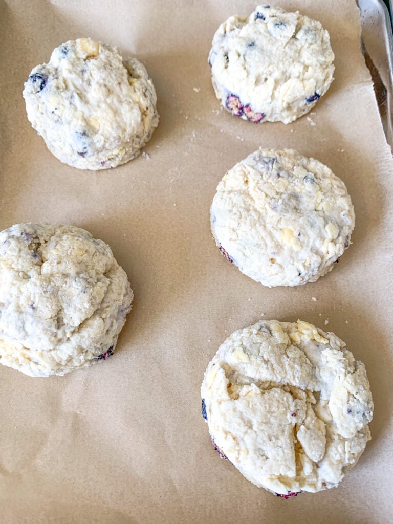 cut out blueberry biscuits ready to be baked