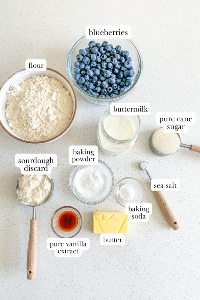 labeled ingredients for sourdough blueberry biscuits