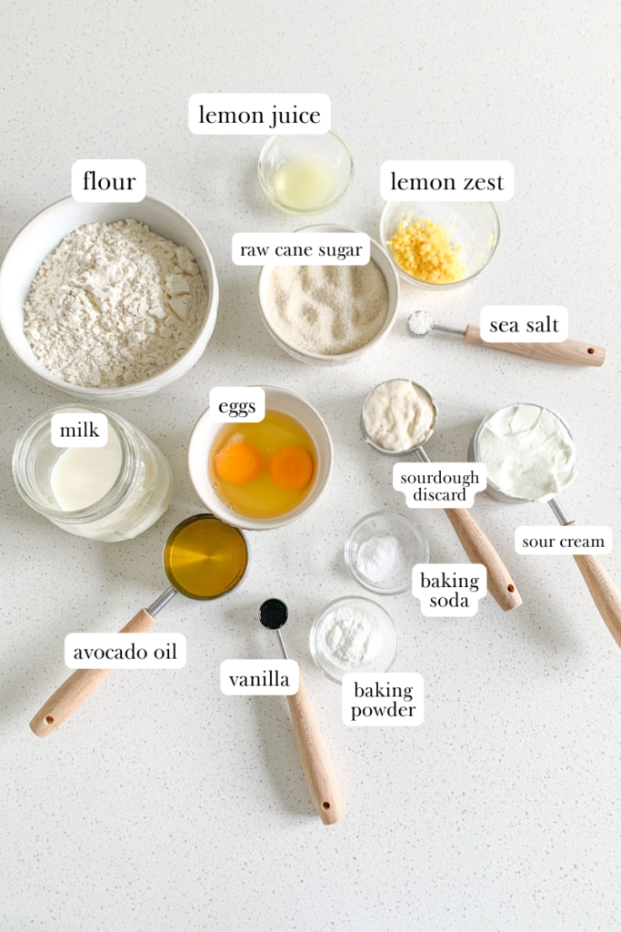 labeled ingredients for sourdough lemon sheet cake