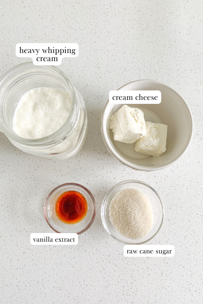 labeled ingredients for homemade whipped cream frosting