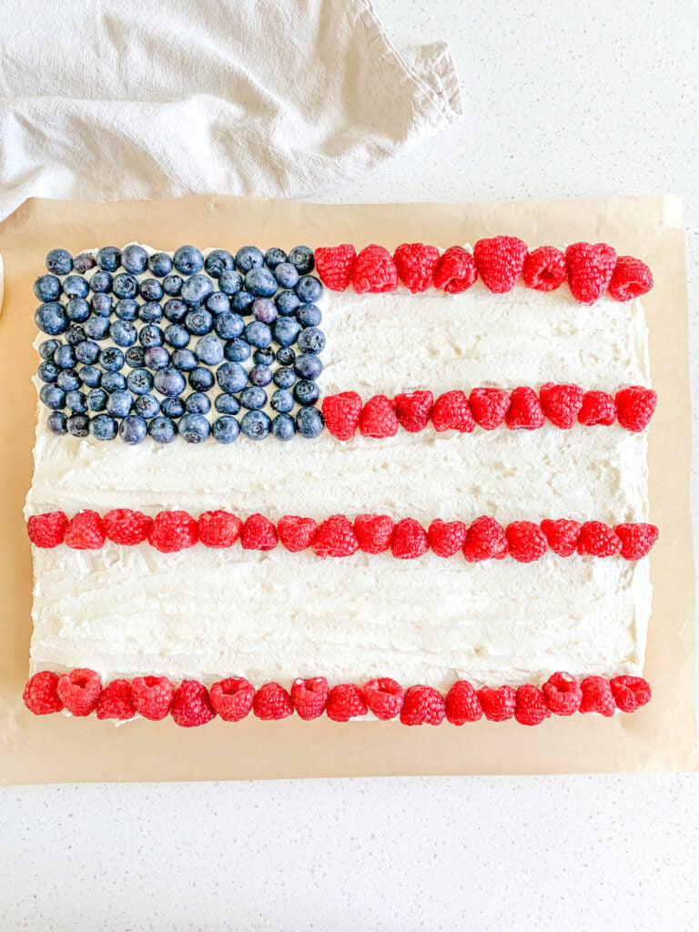 freshly made and decorated sourdough American flag cake
