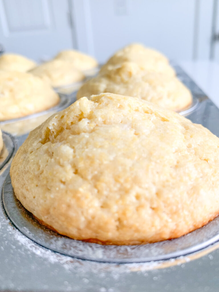 freshly baked sourdough corn muffins cooling in the muffin tin
