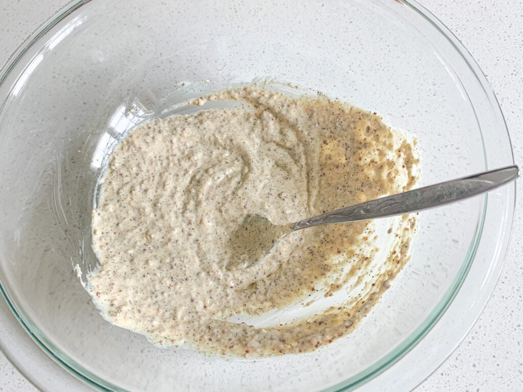 mustard mayonnaise mixture combined and ready for chicken and potatoes