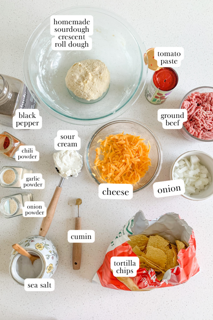 labeled ingredients for sourdough crescent roll taco bake