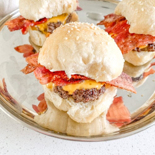 freshly made and assembled bacon cheese burger sliders