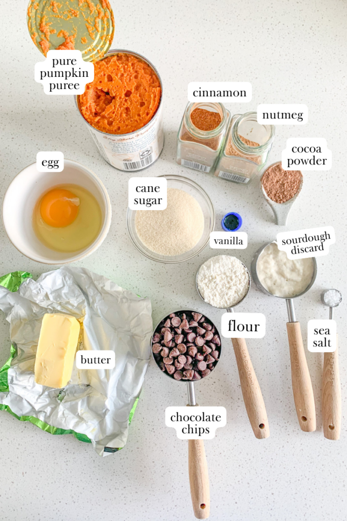 labeled ingredients for sourdough pumpkin brownies