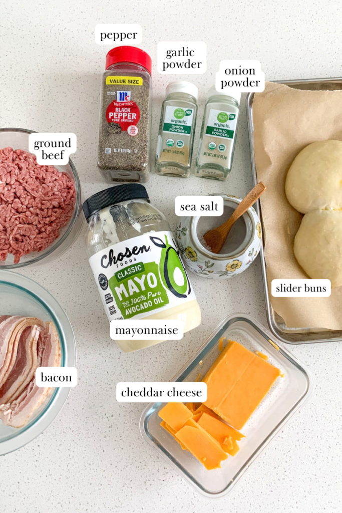 labeled ingredients for bacon cheeseburger sliders