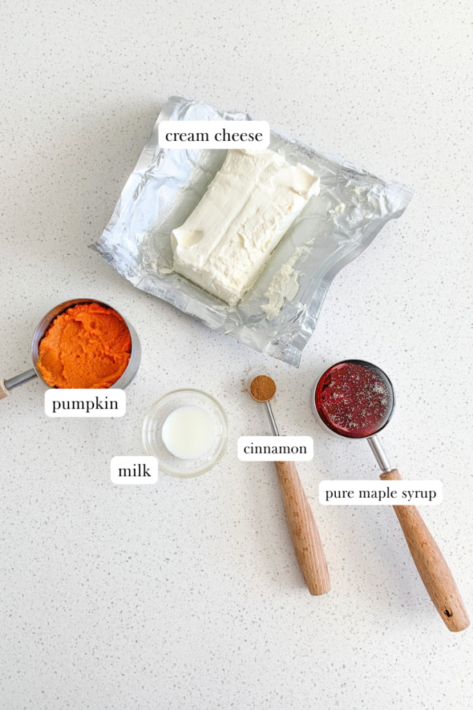 labeled ingredients for pumpkin maple cream cheese frosting