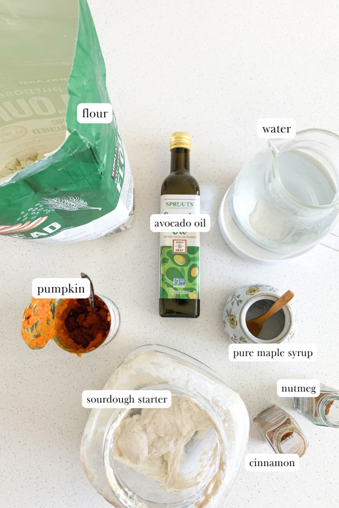 labeled ingredients for sourdough pumpkin cinnamon roll dough