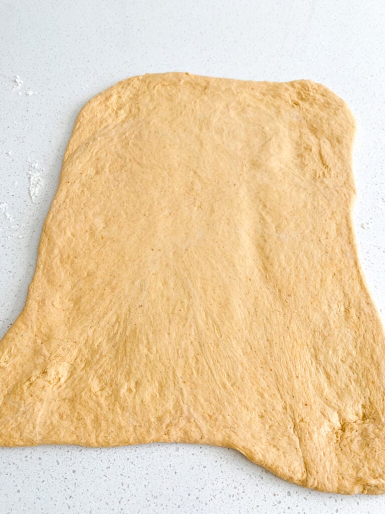 sourdough pumpkin cinnamon roll dough rolled out