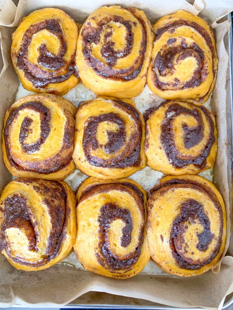 freshly baked sourdough pumpkin cinnamon rolls