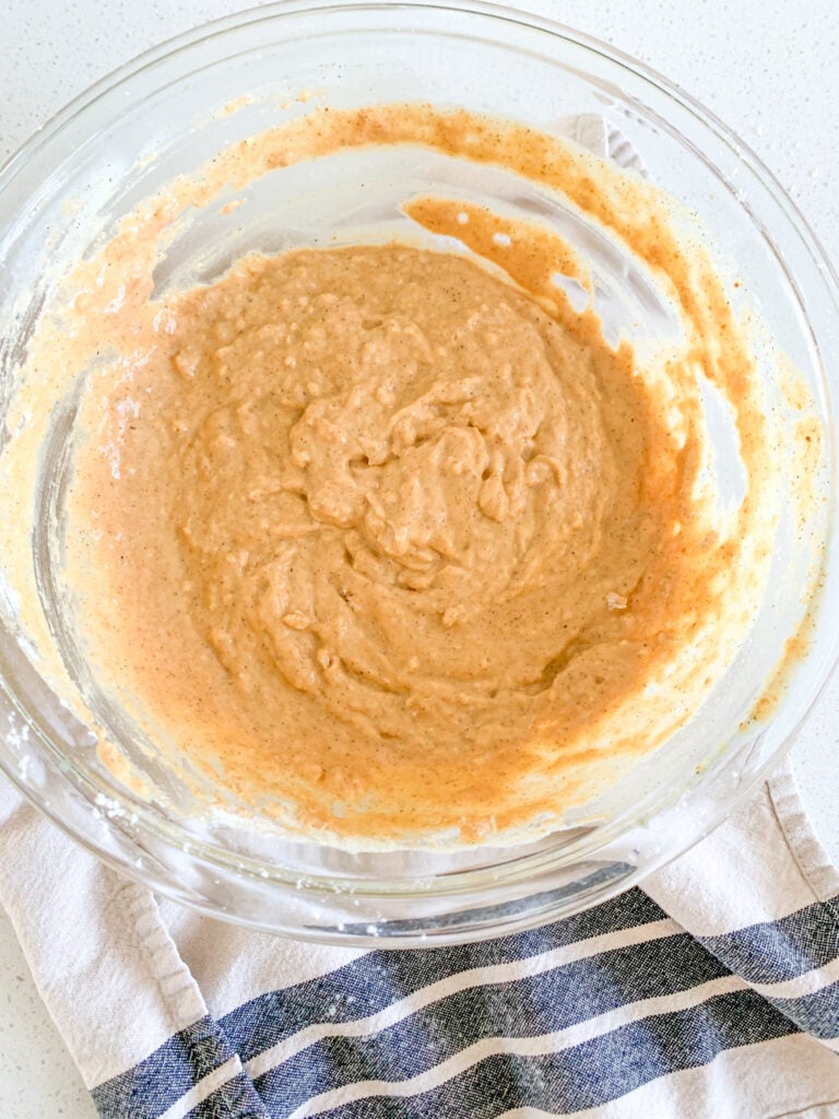 sourdough pumpkin pancake batter combined in a bowl