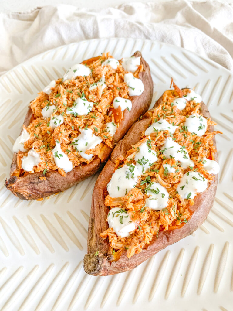 freshly assembled slow cooker buffalo chicken sweet potato