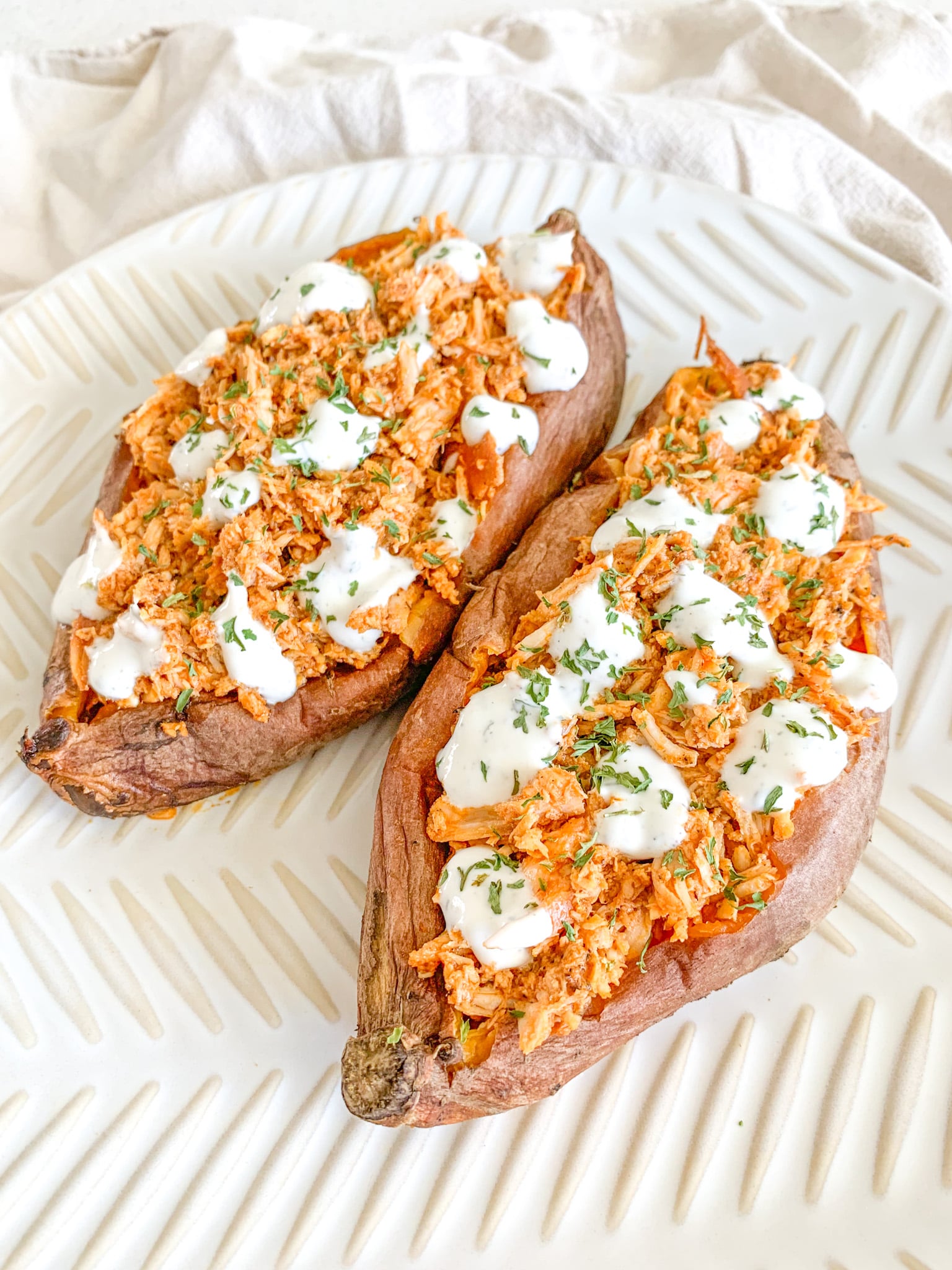 freshly assembled slow cooker buffalo chicken sweet potato