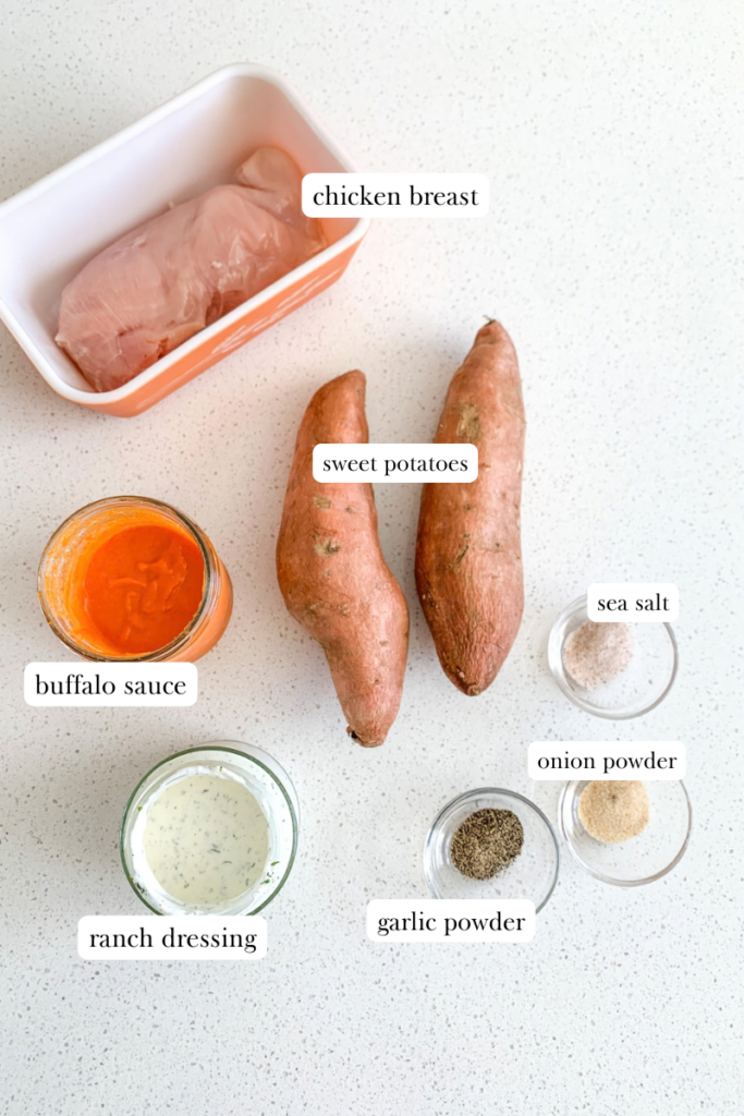 labeled ingredients for buffalo chicken sweet potatoes