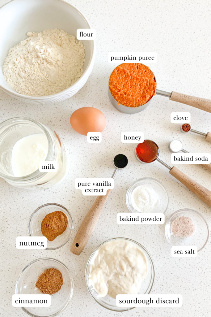 labeled ingredients for sourdough pumpkin pancakes