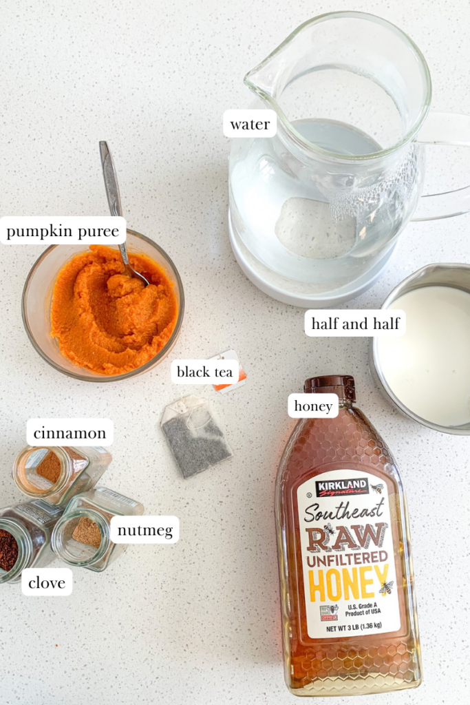 labeled ingredients for pumpkin chai latte